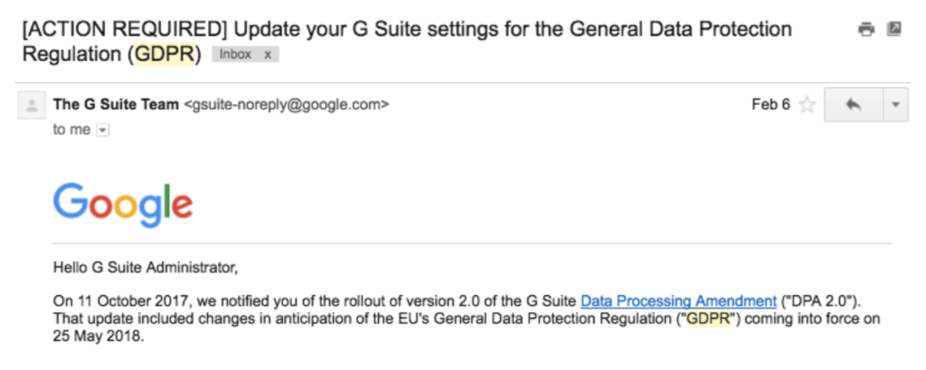 google warning about new DPA because of GDPR