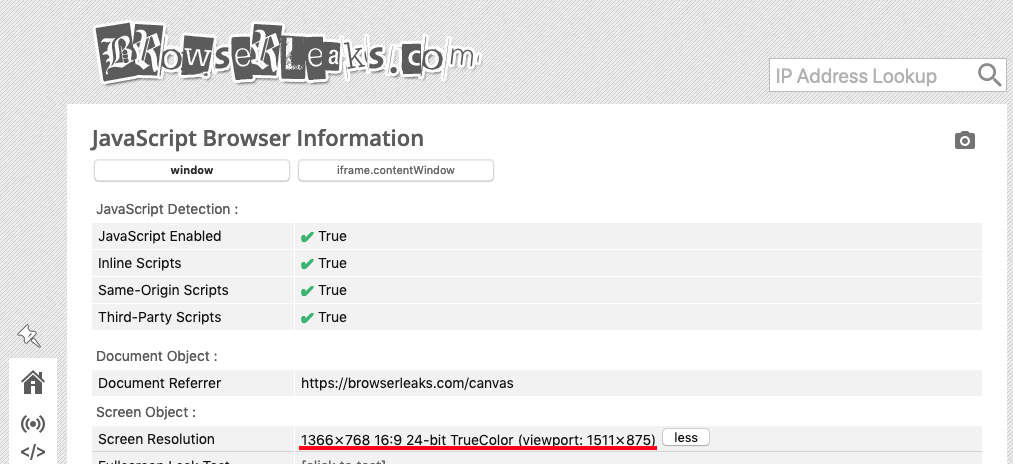 browserleaks.com javascript browser information - screen resolution