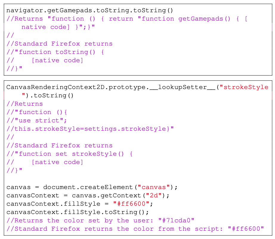 AntiDetect (top) and FraudFox (bottom) both change functions that can be detected with a simple string comparison.