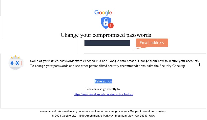 Google data breach security email to check password