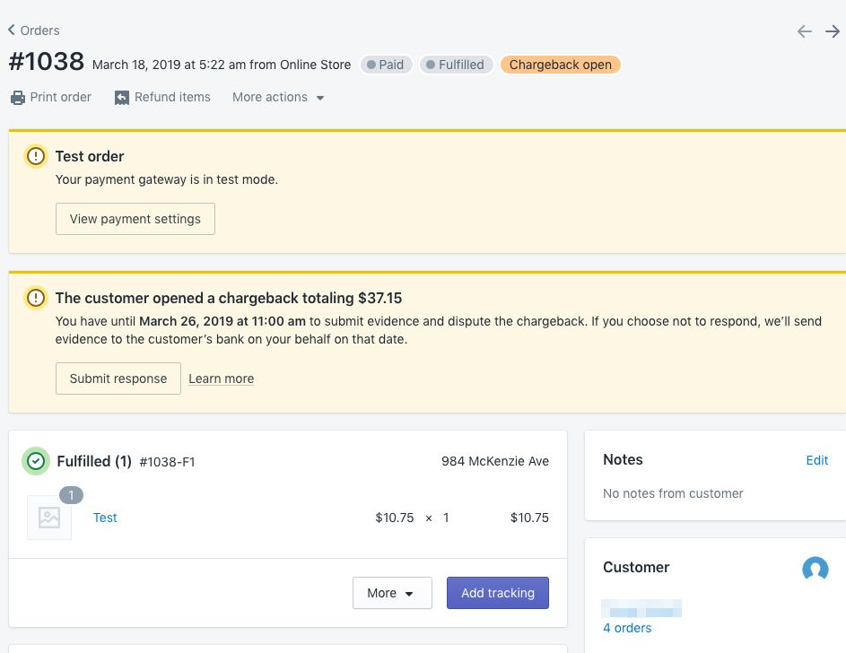 Shopify Chargeback Example
