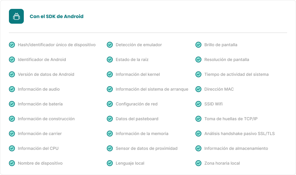parametros recolectables para la huella del dispositivo en Android