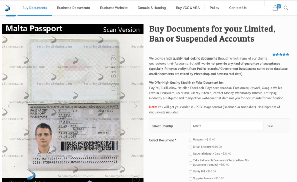 Captura de pantalla del sitio web de SecondEye, que ofrece documentos con Photoshop para la verificación de la identidad. 